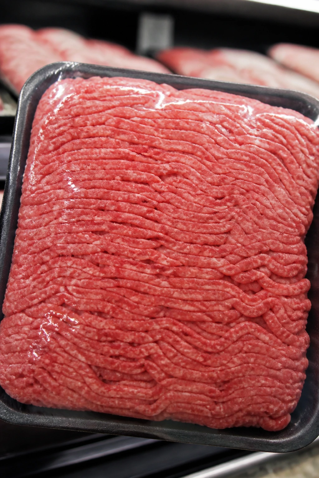 Unbranded tray of ground beef on a store shelf