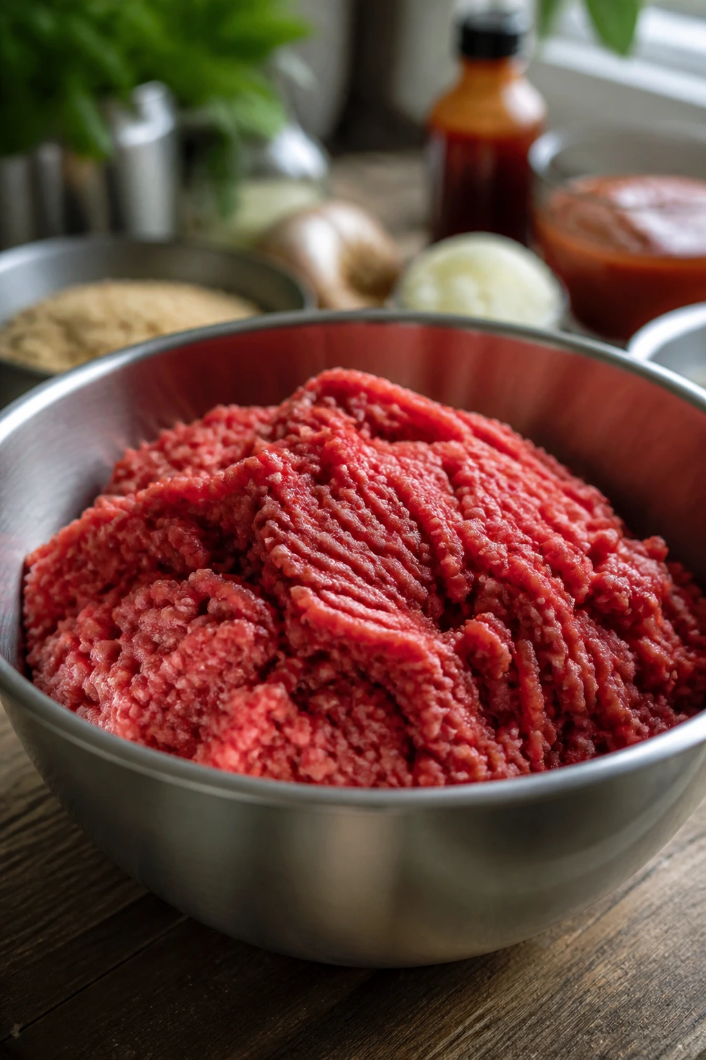 Ground beef in a bowl with pantry items blurred in background