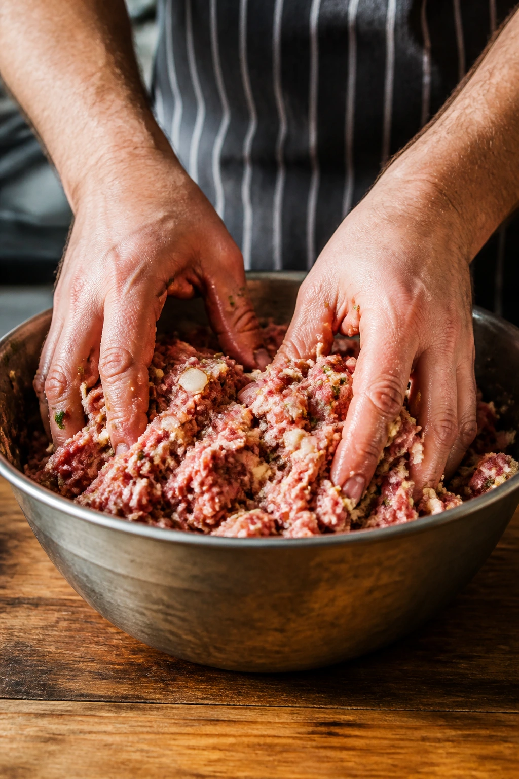 Close-up of hands mixing seasoned ground beef in a bowl for patties