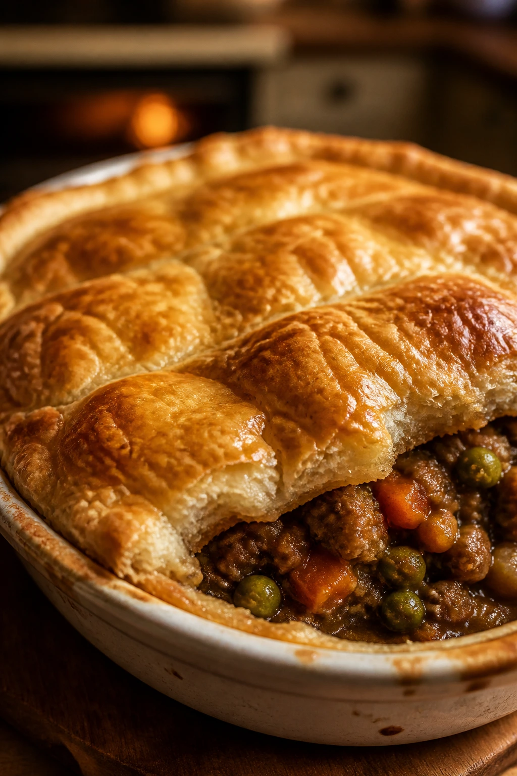 Ground Beef Pot Pie with golden pastry crust