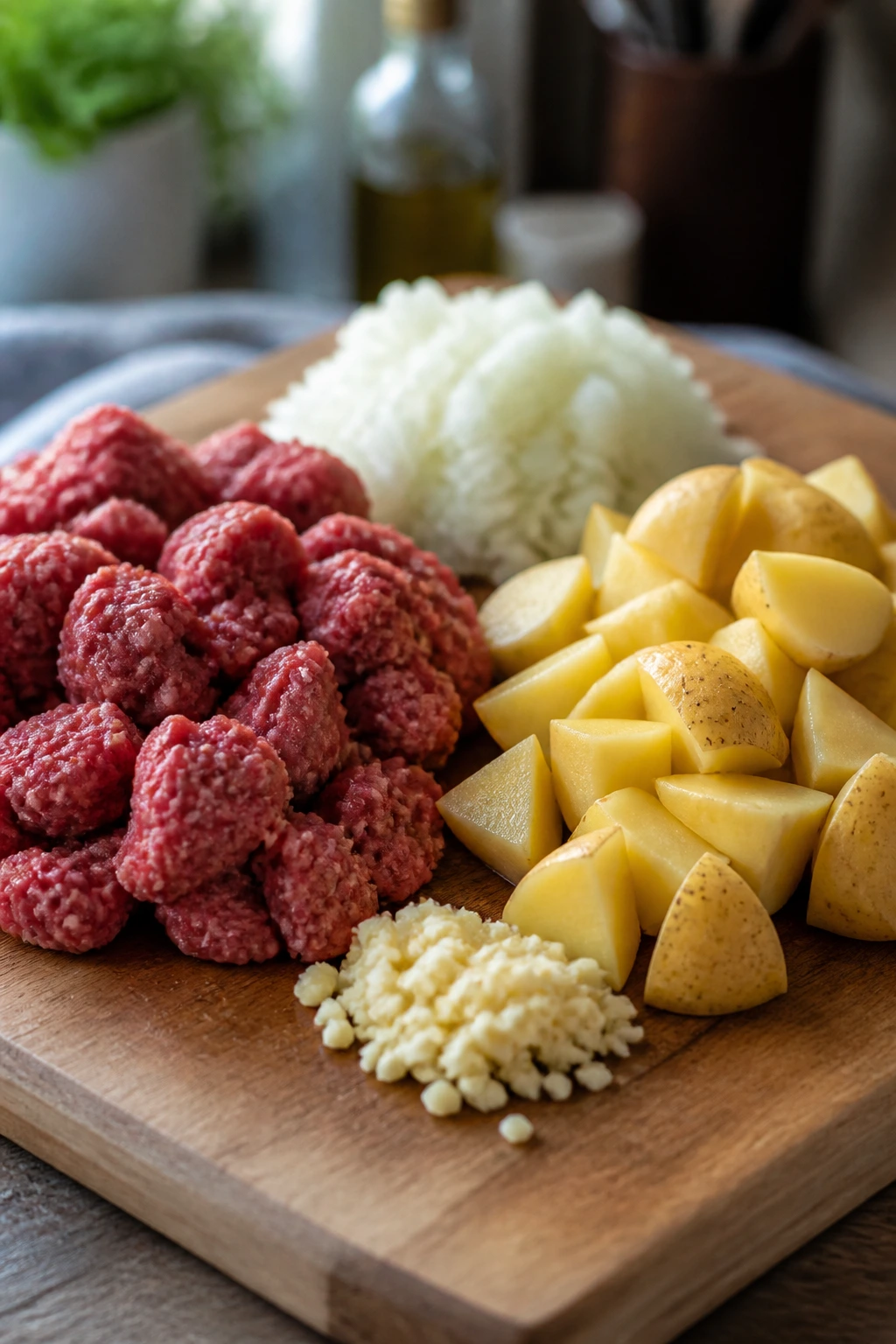 Raw ingredients on cutting board: beef chunks, potatoes, onion, garlic