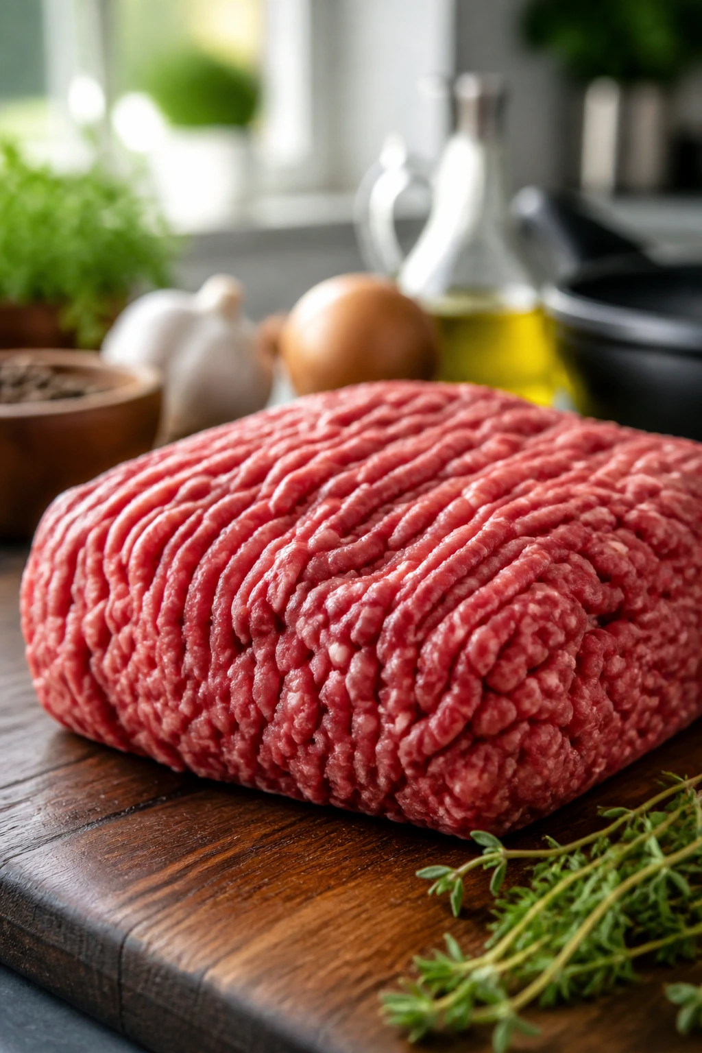 Fresh ground beef on cutting board with marbling