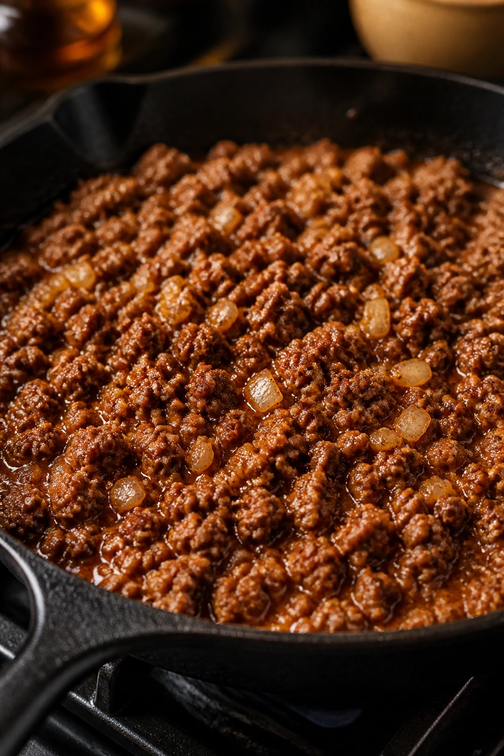 Close-up of tender seasoned ground beef in a glossy pan sauce on a stovetop
