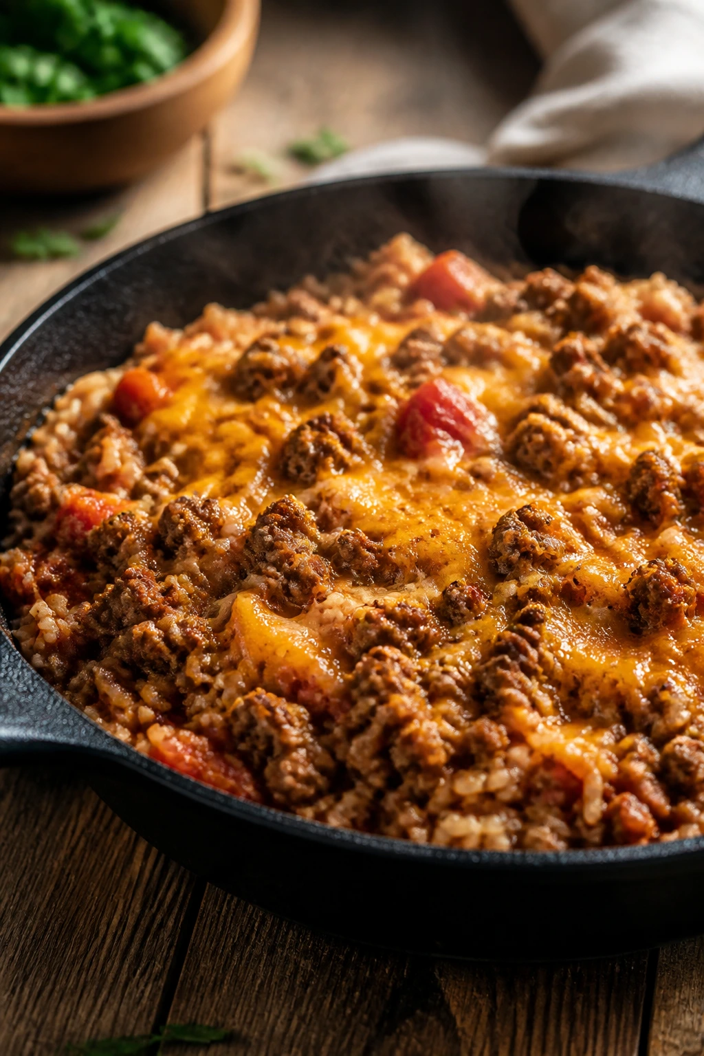 Close-up of beef, rice, and cheese in a skillet