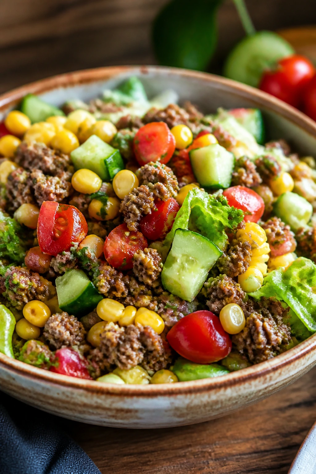 Vibrant ground beef salad bowl with corn cucumber and tomatoes