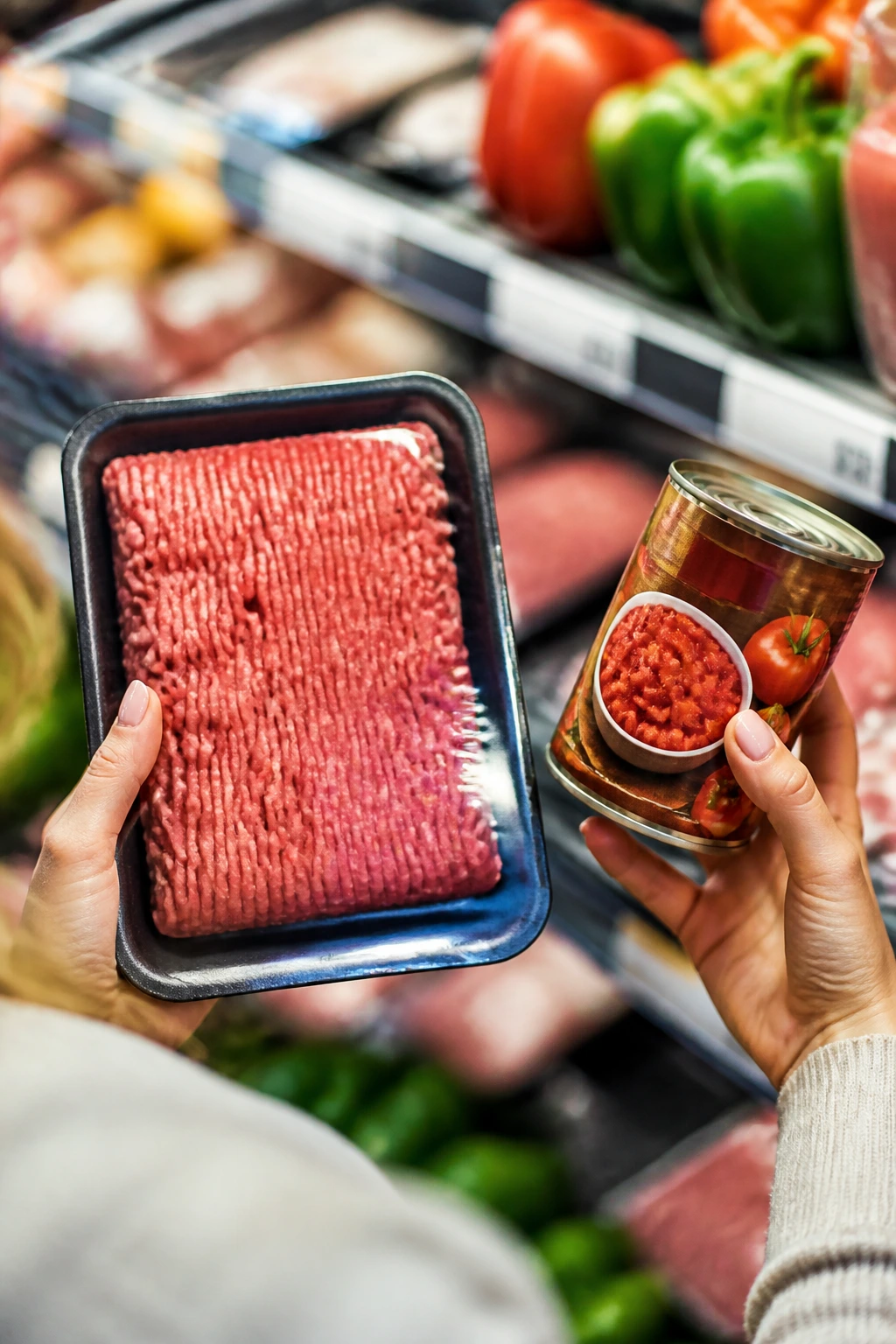 Hands selecting lean ground beef and a can of fire-roasted tomatoes in a grocery store