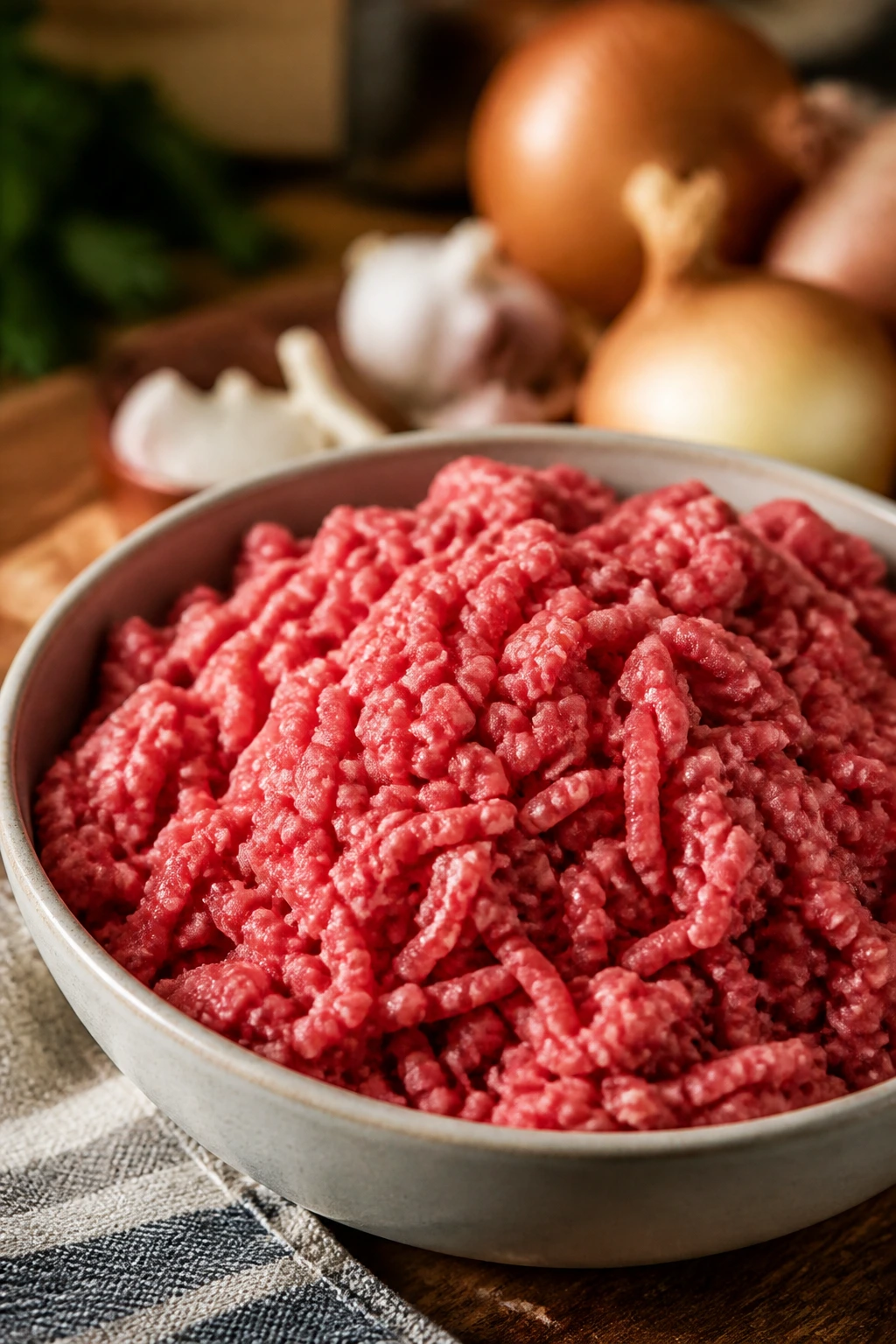 Fresh ground beef in a bowl with onions and garlic in the background