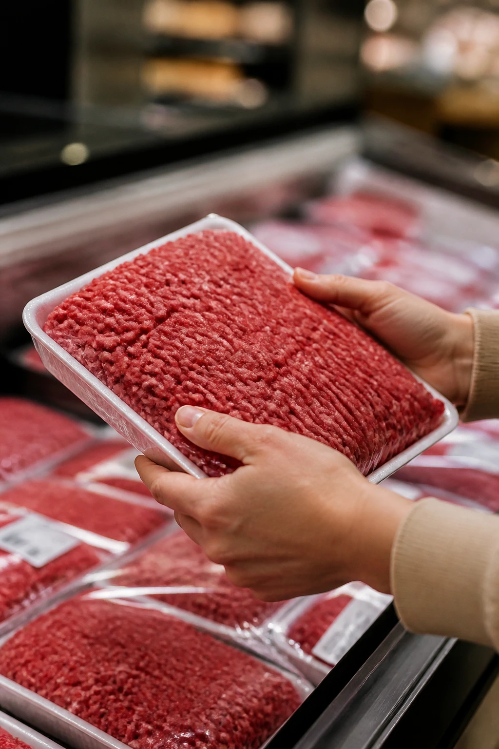 Close-up of hands selecting ground beef at a market, emphasizing juicy texture for slider beef