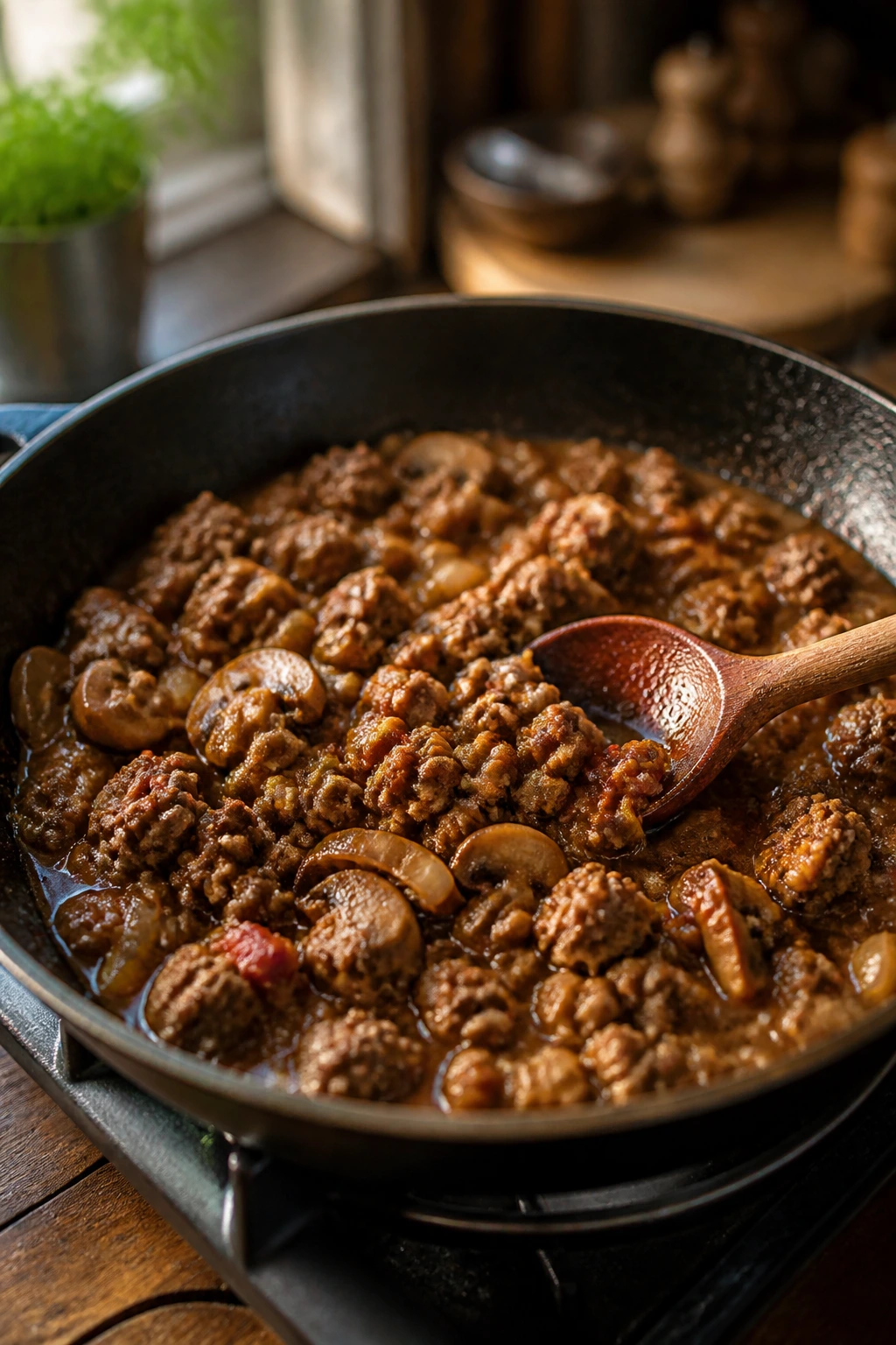 Close-up of juicy browned ground beef with onions and mushrooms in glossy pan sauce in a warm kitchen
