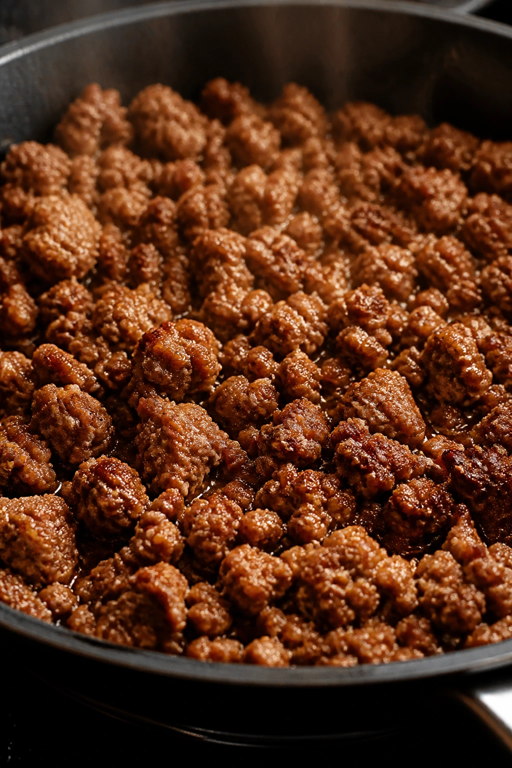 Close-up of browned ground beef in a skillet