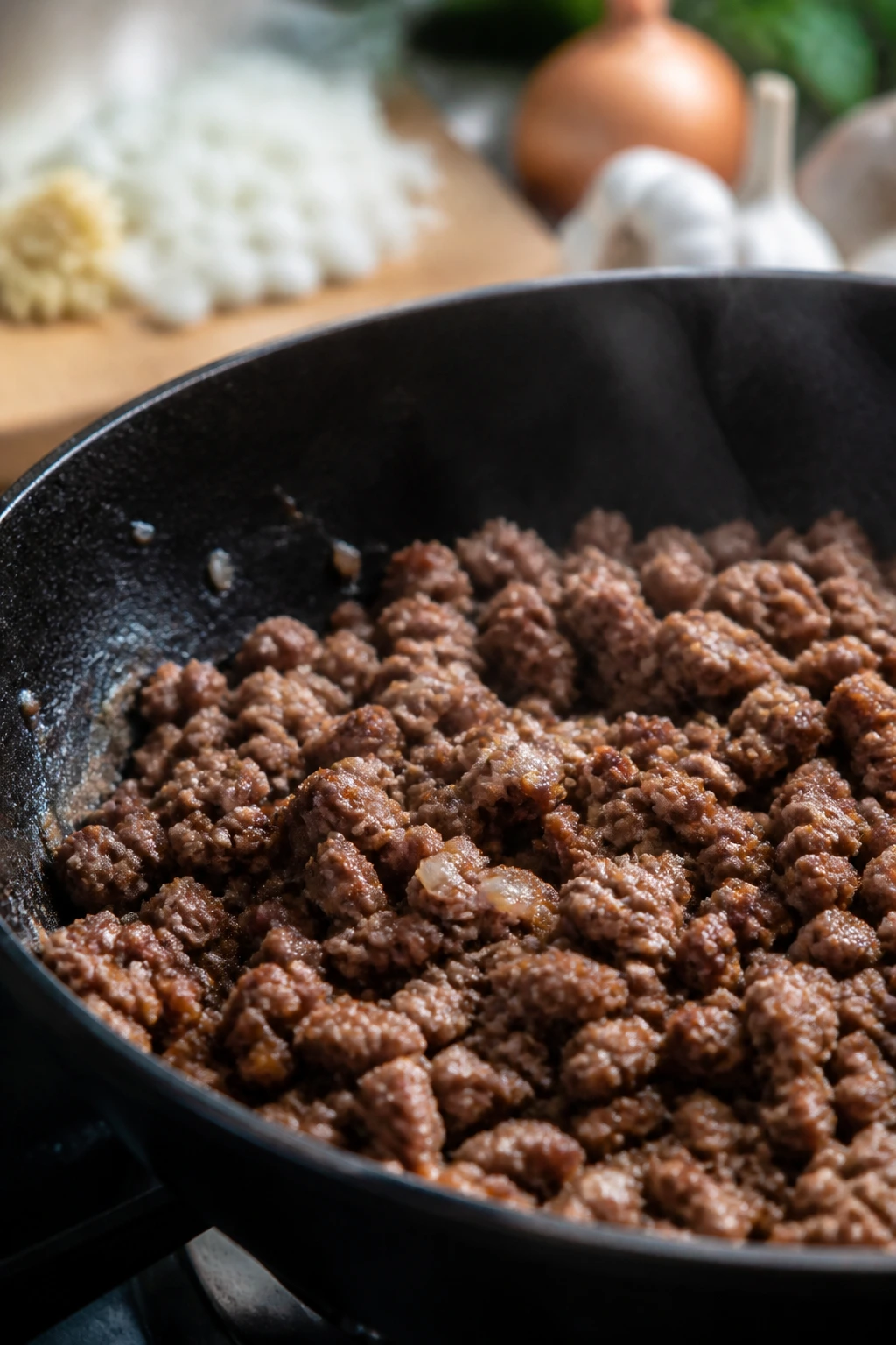 Close-up of lean ground beef browning in a skillet with blurred onions