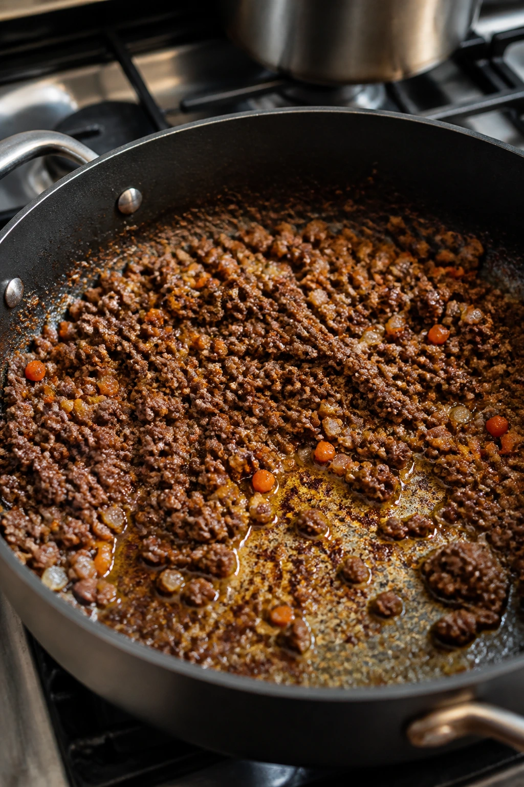Close-up of browned ground beef in skillet with onions and carrots in a home kitchen