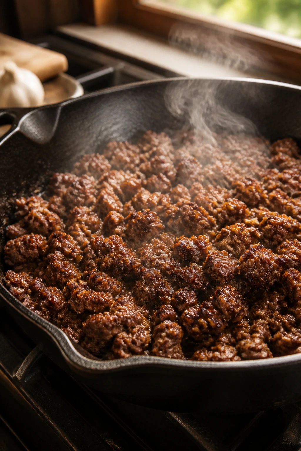 Close-up of browned ground beef in a skillet