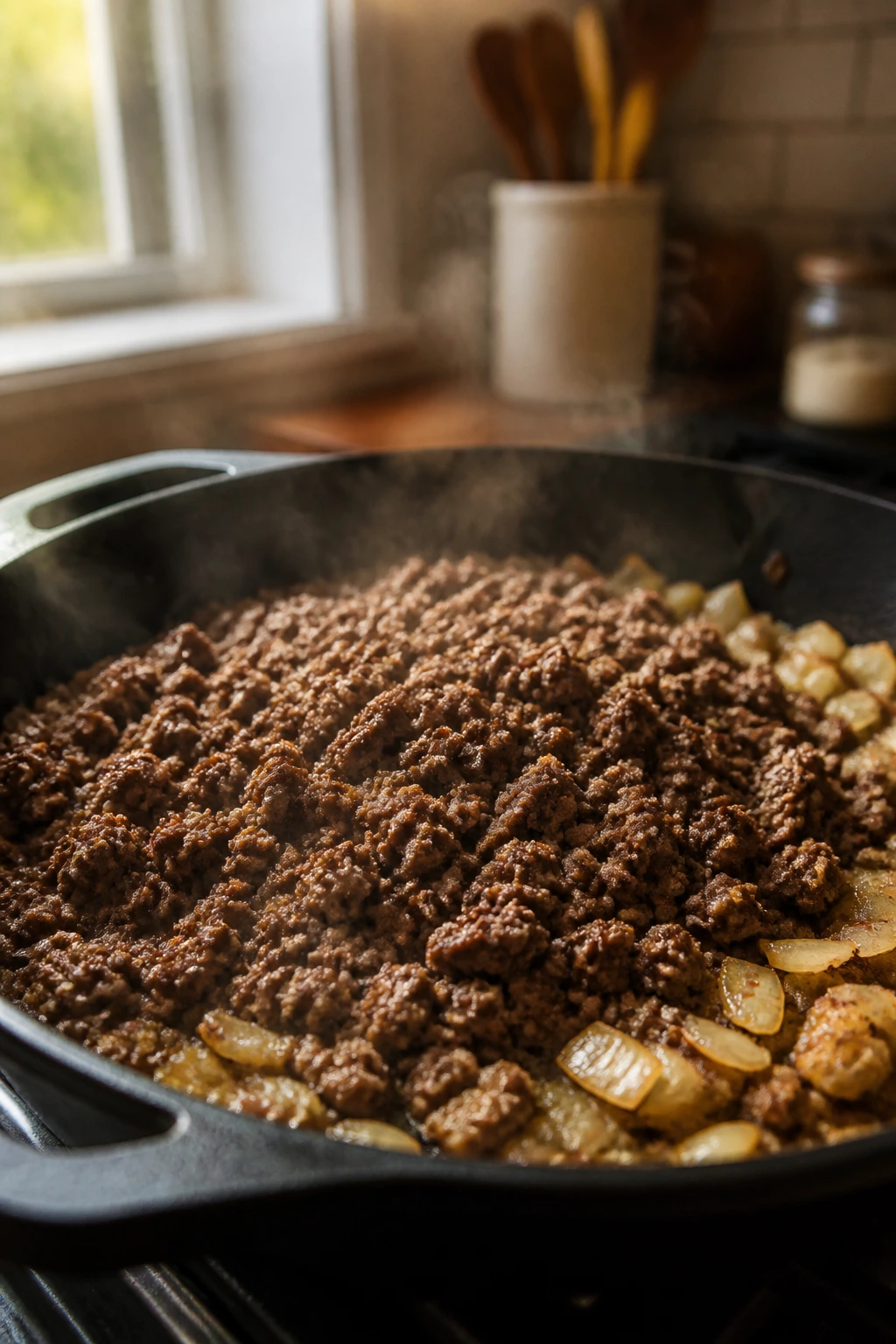 Close-up of browned ground beef in a skillet with onions in a home kitchen
