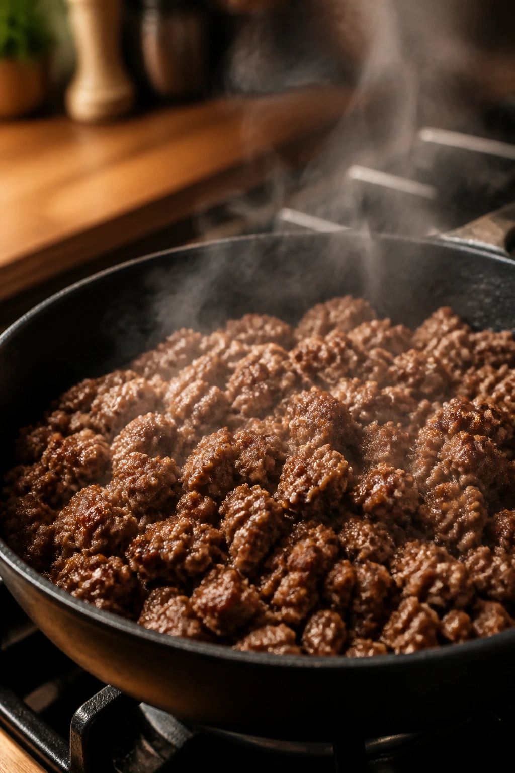 Ground beef browning in a skillet on a stove.