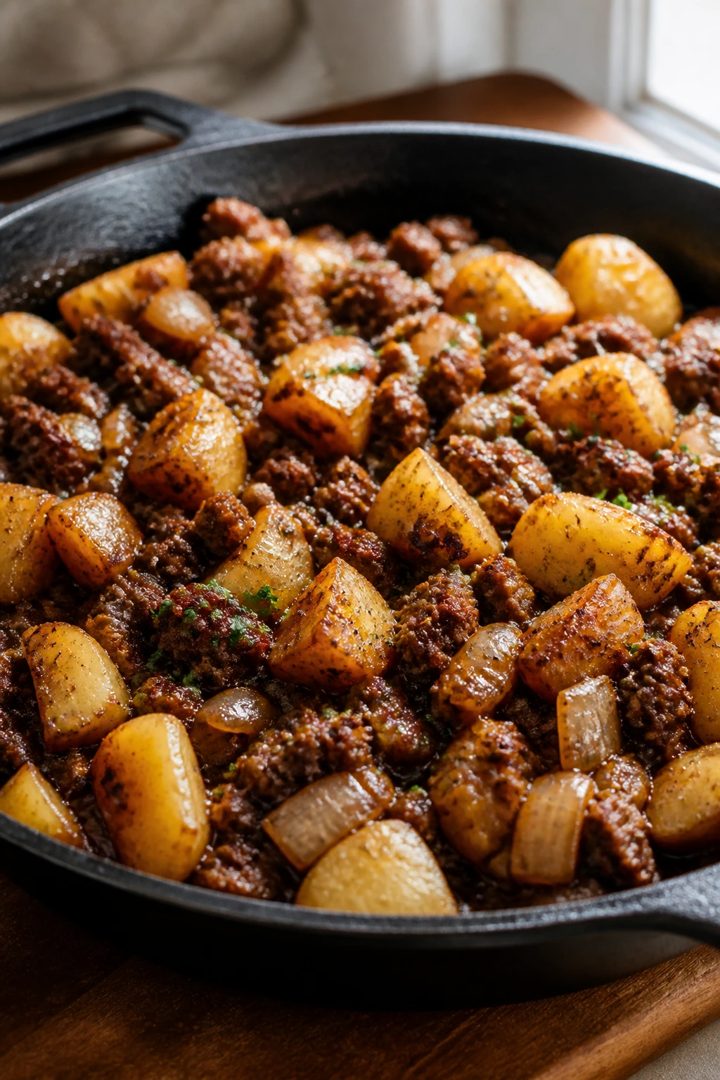 Close-up of ground beef skillet with potatoes and onions in a savory sauce