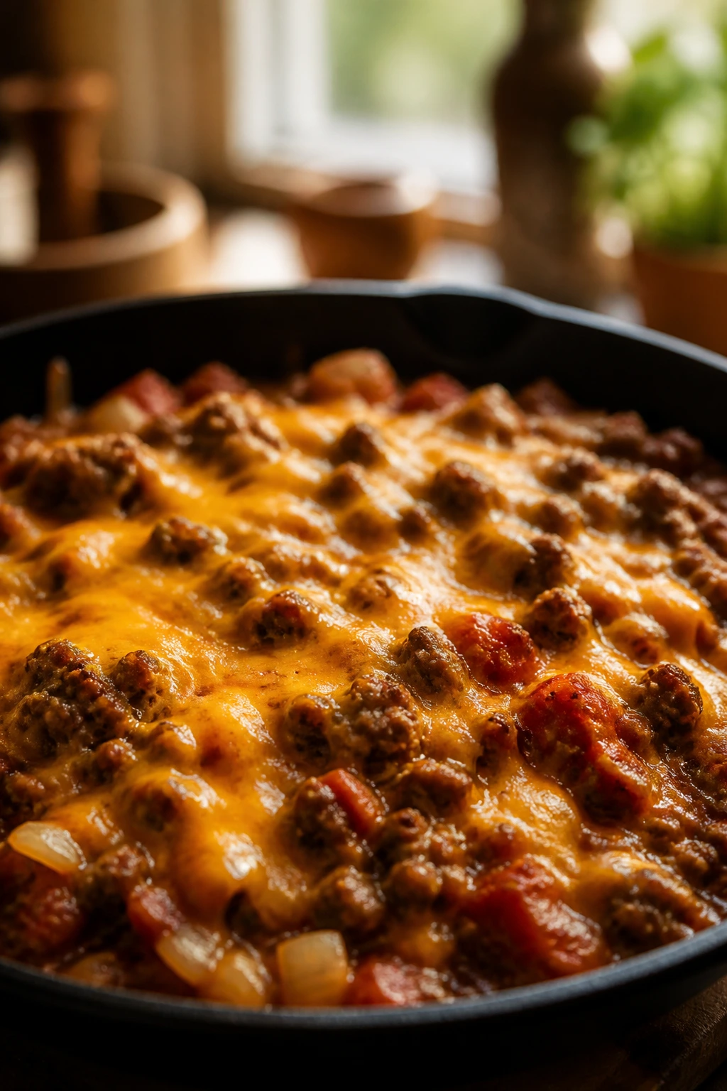 Close-up of a comforting ground beef skillet in a warm kitchen