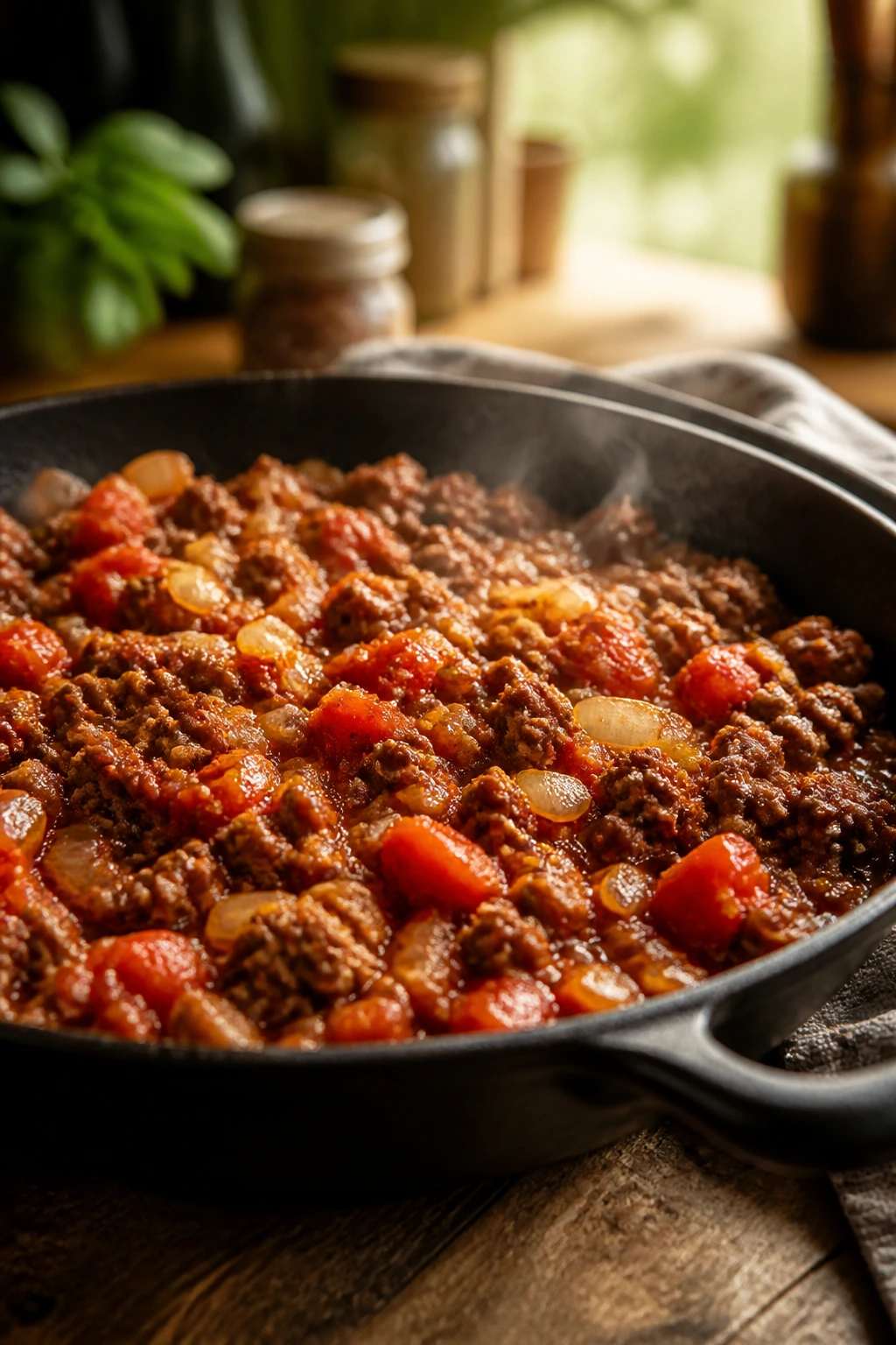 Close-up of a comforting ground beef skillet on a rustic wooden table with warm lighting