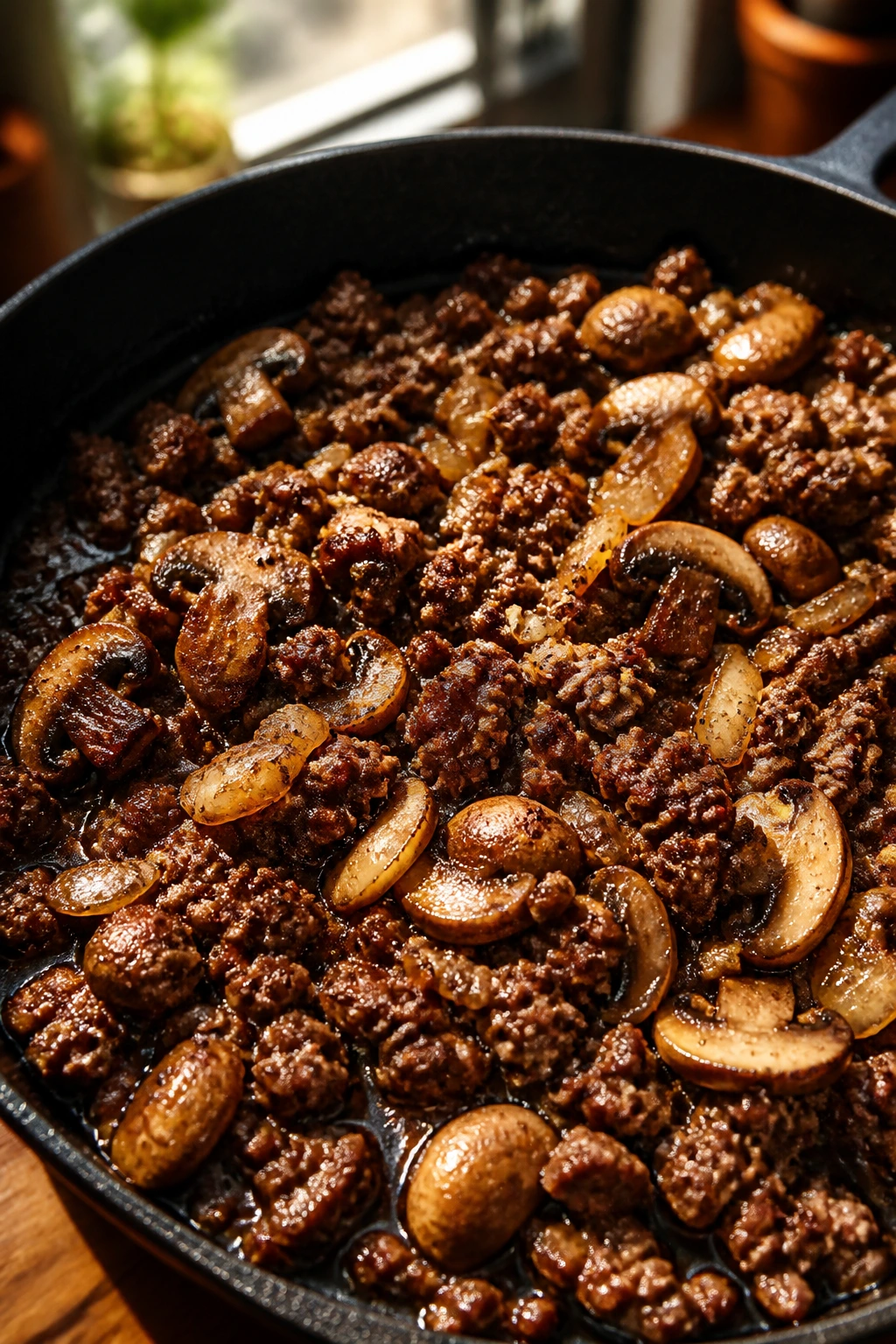 Close-up of a glossy browned ground beef skillet with onions and mushrooms