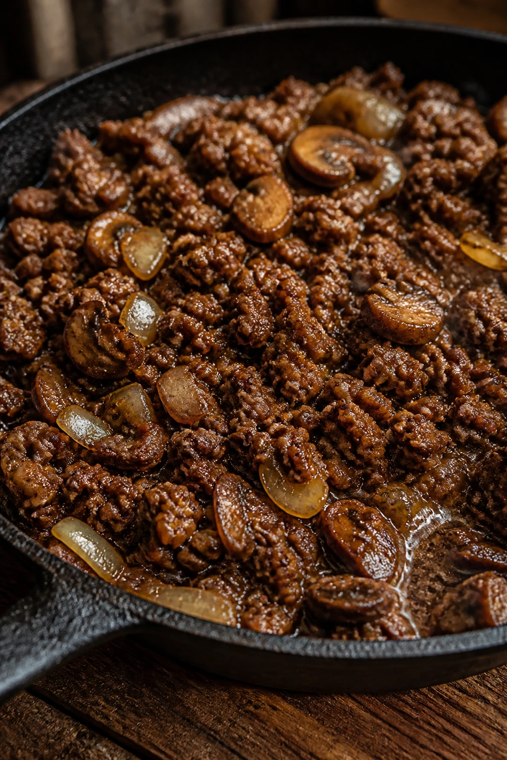 Close-up of browned ground beef in a skillet with glossy gravy and onions