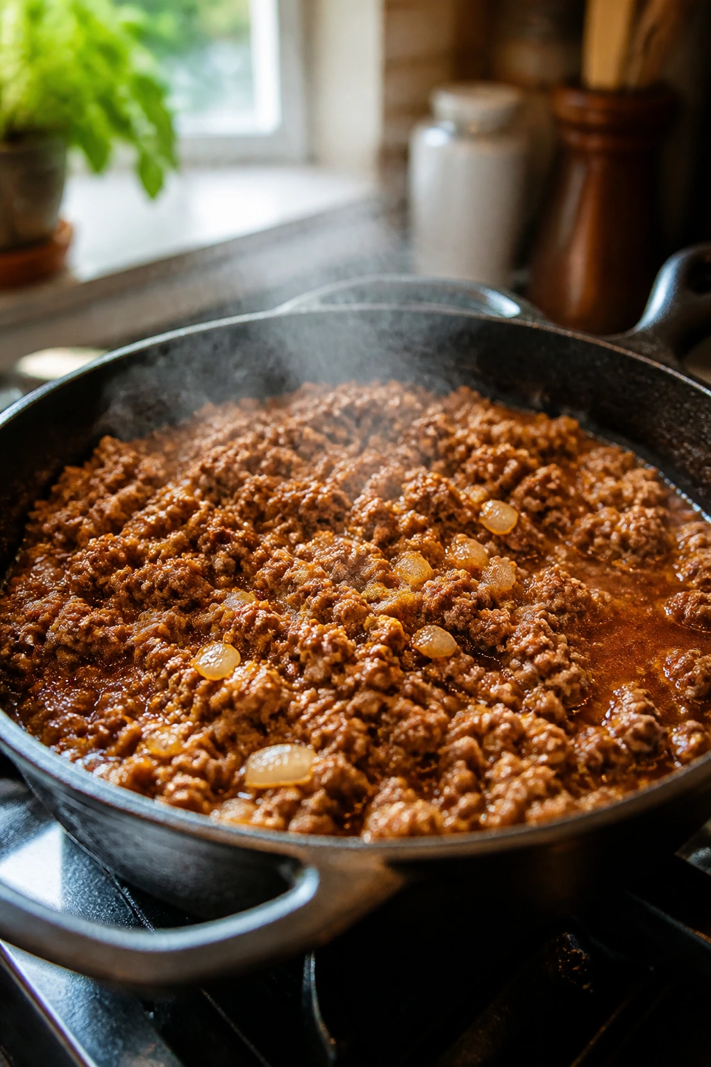 Skillet of browned ground beef with onions simmering on a stove in a cozy kitchen