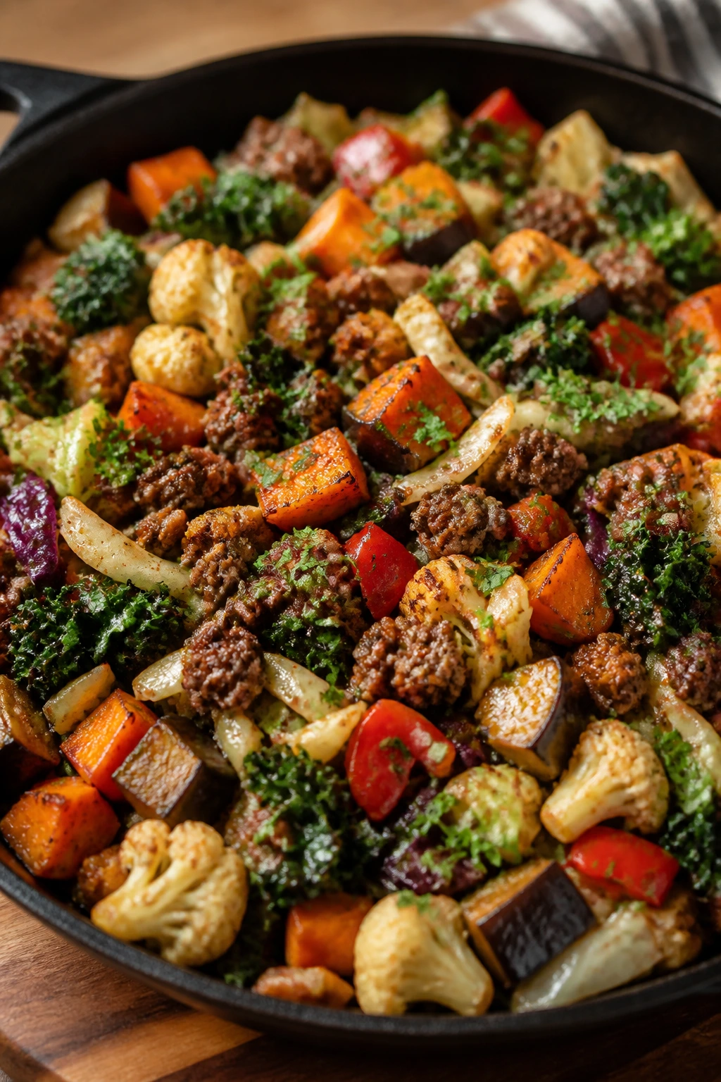 Close-up of a lean ground beef skillet with vegetables in a warm kitchen