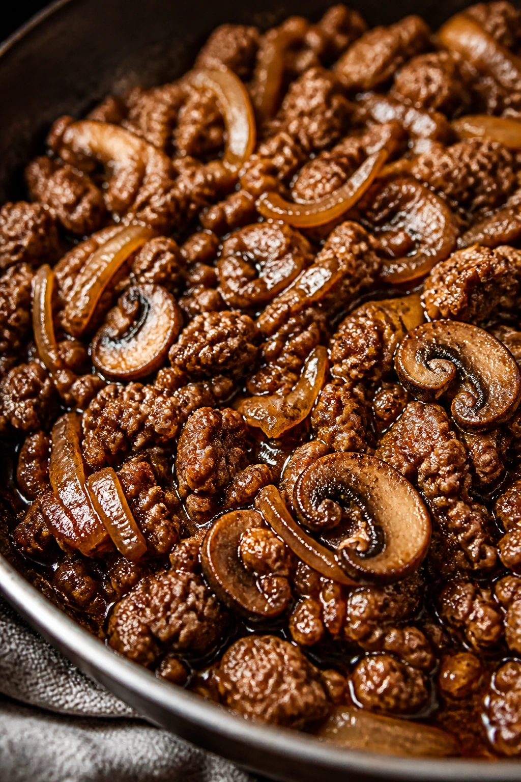 Close-up of juicy browned ground beef in glossy sauce in a skillet