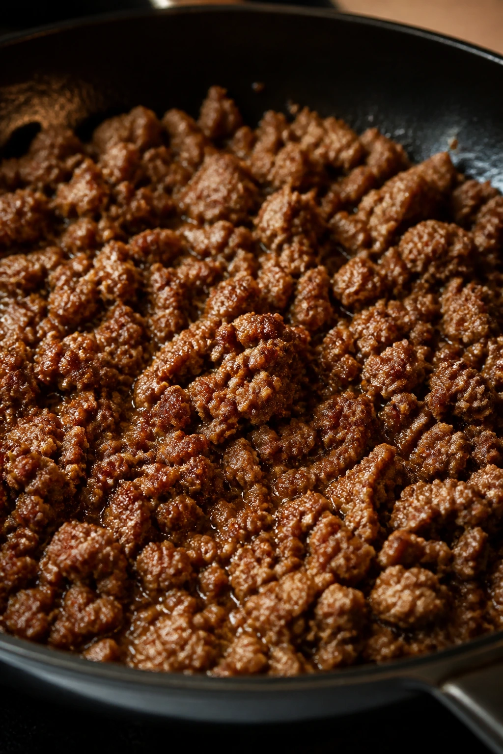 Close-up of juicy ground beef skillet with browned edges in a warm kitchen