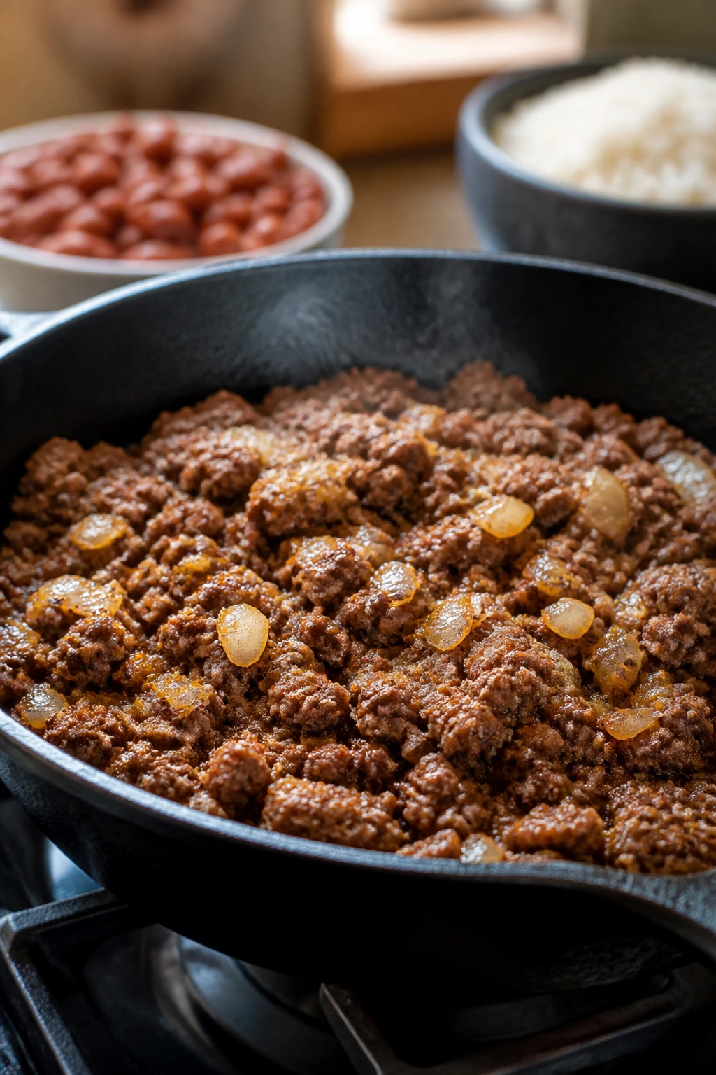 Close-up of browned ground beef in a skillet with onions, suggesting layered ingredients in a warm kitchen