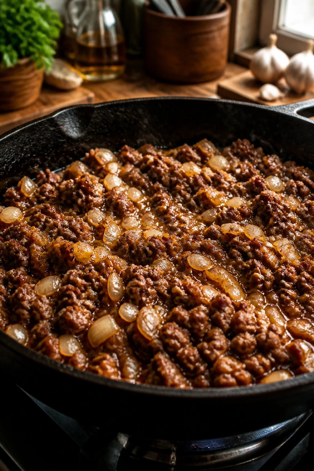 Close-up of browned ground beef with onions in a skillet