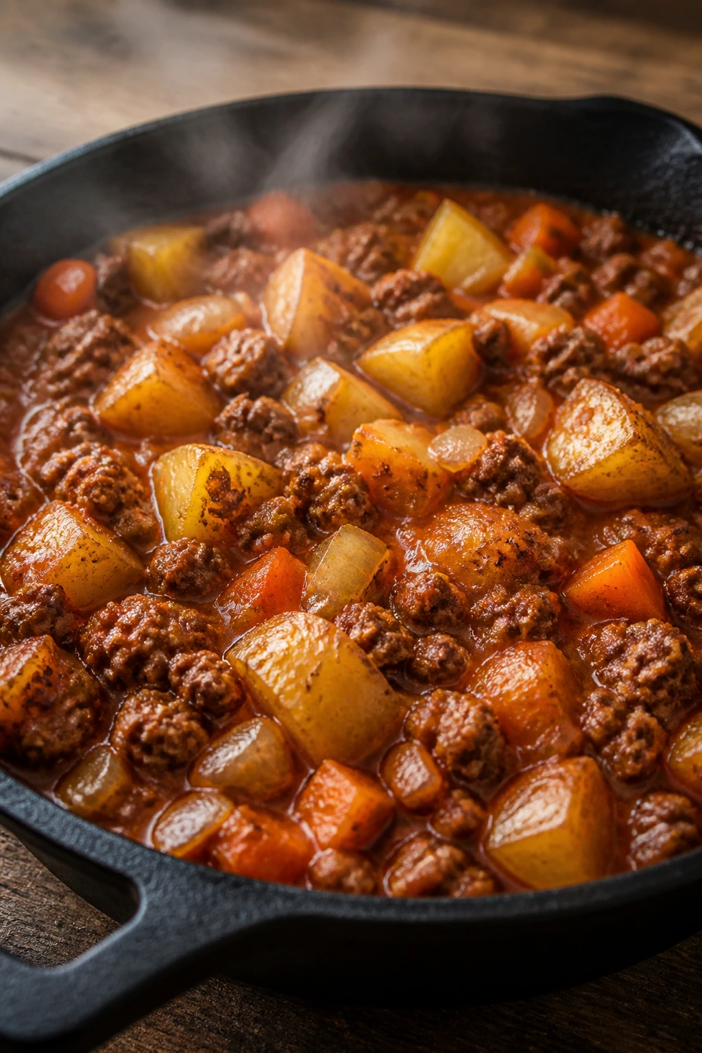Close-up of a cast-iron skillet with browned ground beef, potatoes, onions and carrots in tomato sauce