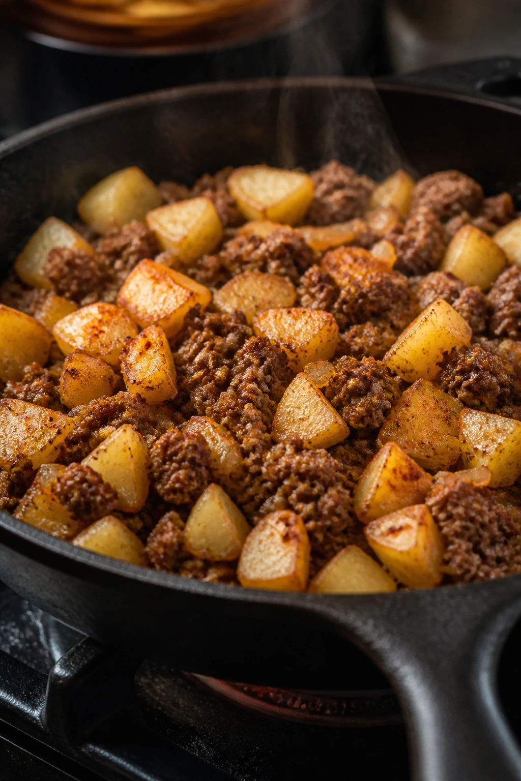 Rustic skillet with browned potatoes and ground beef on a stove