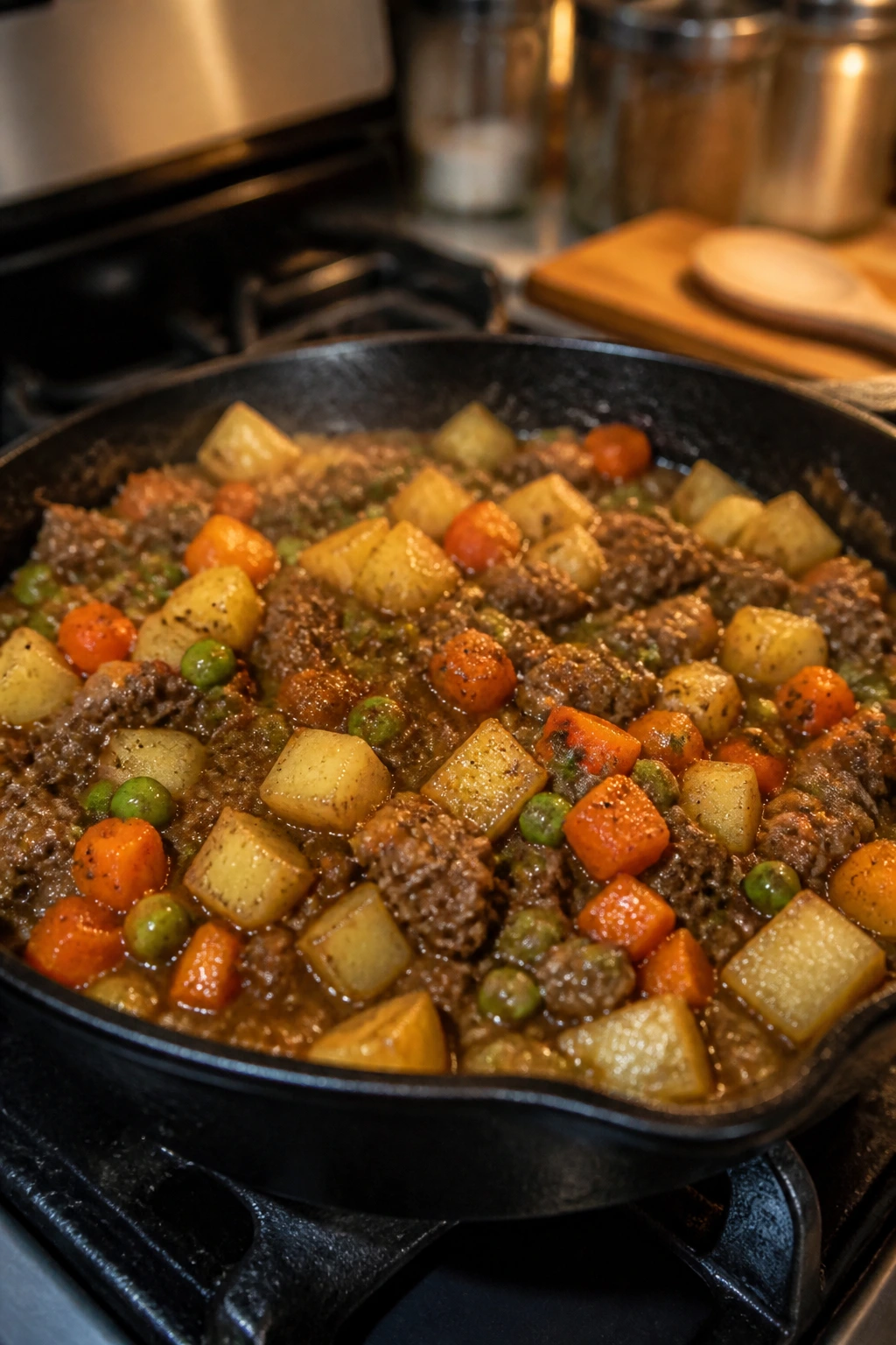 Close-up of hearty ground beef skillet with potatoes, carrots, peas in glossy gravy on stovetop