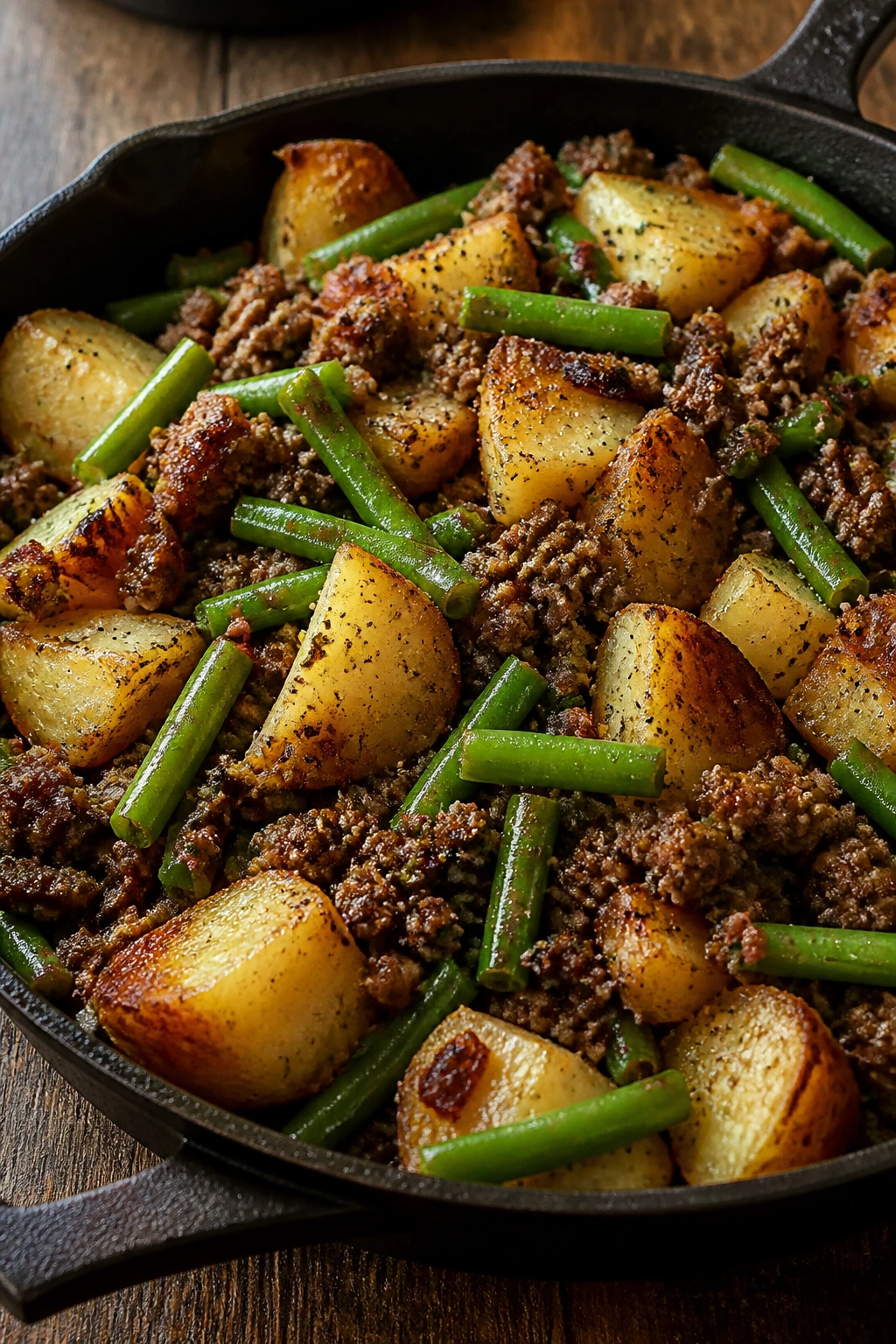 Close-up of ground beef, potatoes and green beans in a skillet