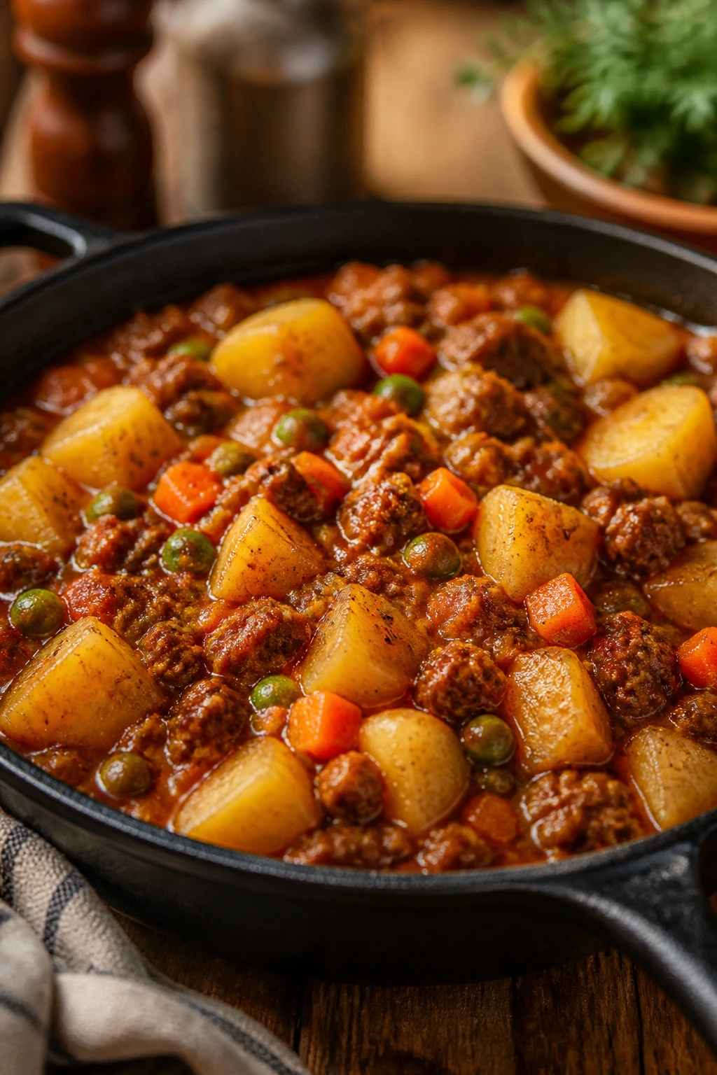 Close-up of a skillet with beef, potatoes, carrots, peas in thick tomato broth