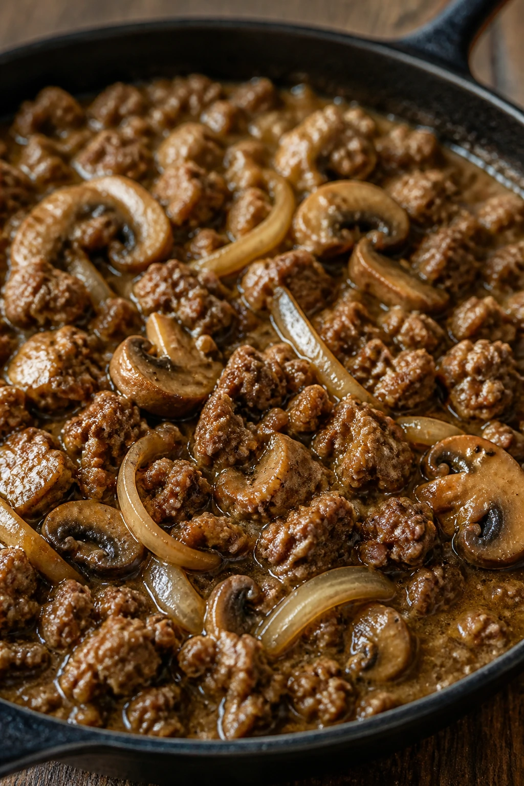 Skillet of juicy ground beef with onions, mushrooms, and gravy