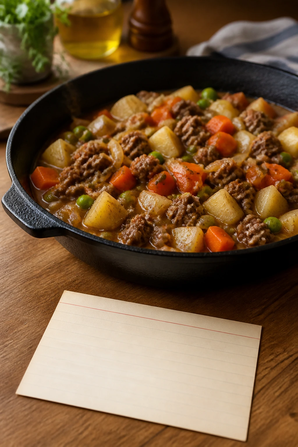 Close-up of a hearty ground beef skillet with blank recipe card nearby