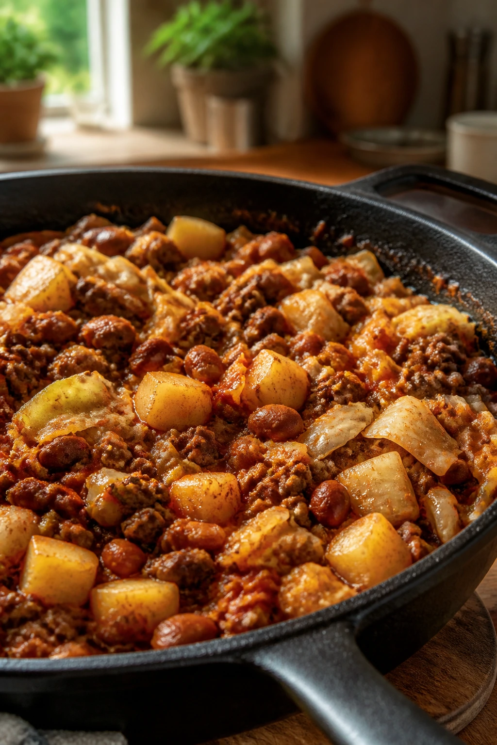 Close-up of beef skillet with vegetables in a warm kitchen