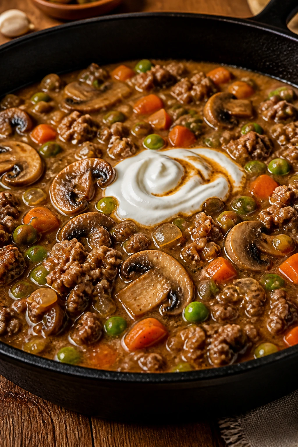 Close-up of a beef skillet with onions, mushrooms, carrots, peas in glossy gravy with a sour cream swirl