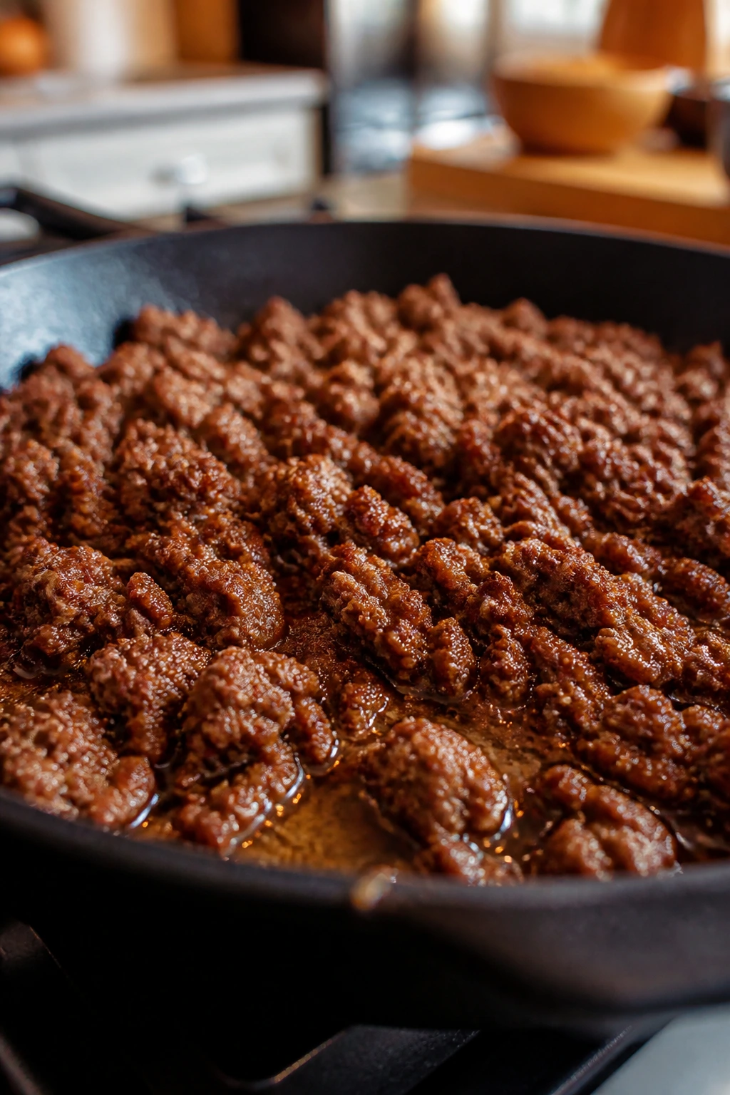Close-up of browned ground beef sizzling in a skillet