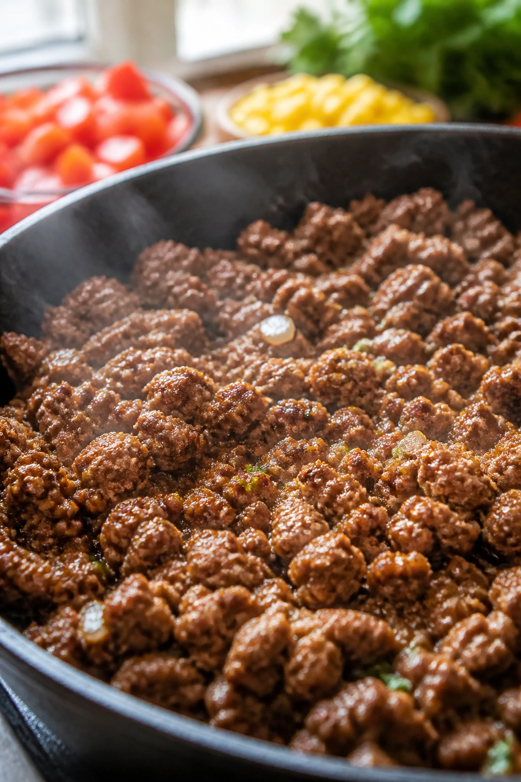 Sizzling ground beef in a skillet with summer produce