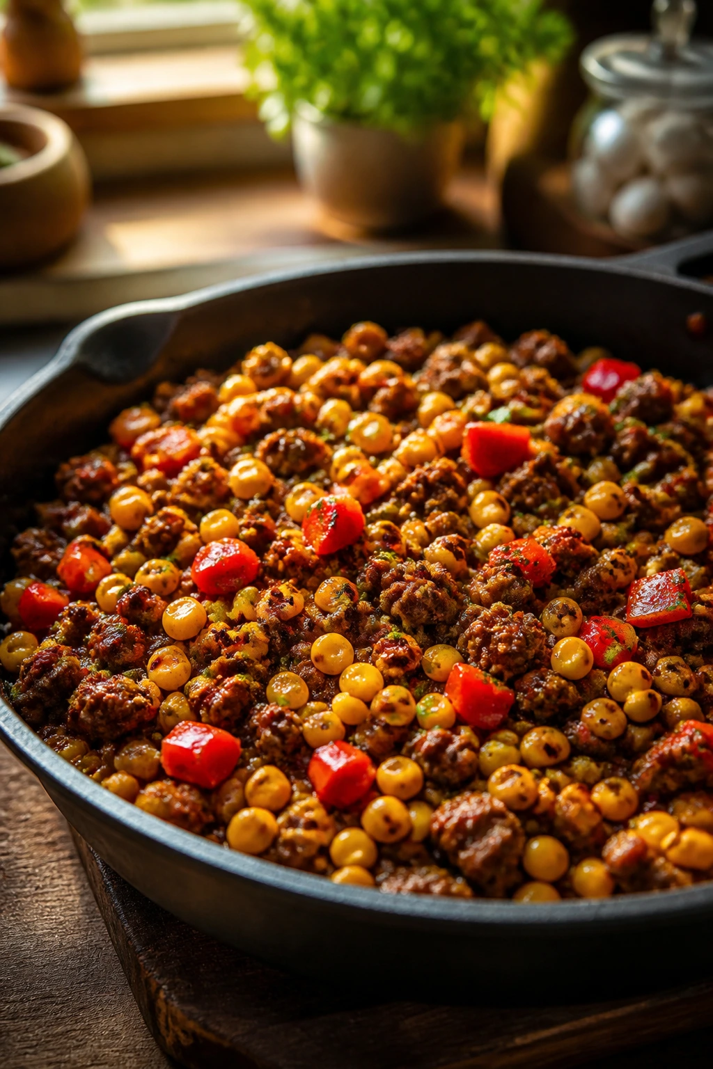Close-up of a beef skillet with corn and peppers in a sunny kitchen.