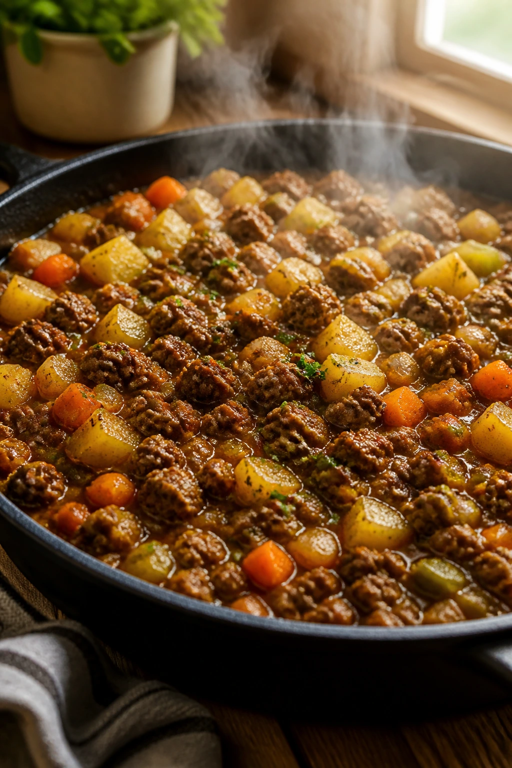 Steam rising from simmering ground beef skillet with potatoes and vegetables