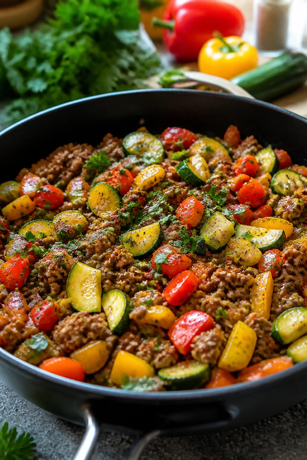 Colorful ground beef skillet with peppers and zucchini illustrating variations