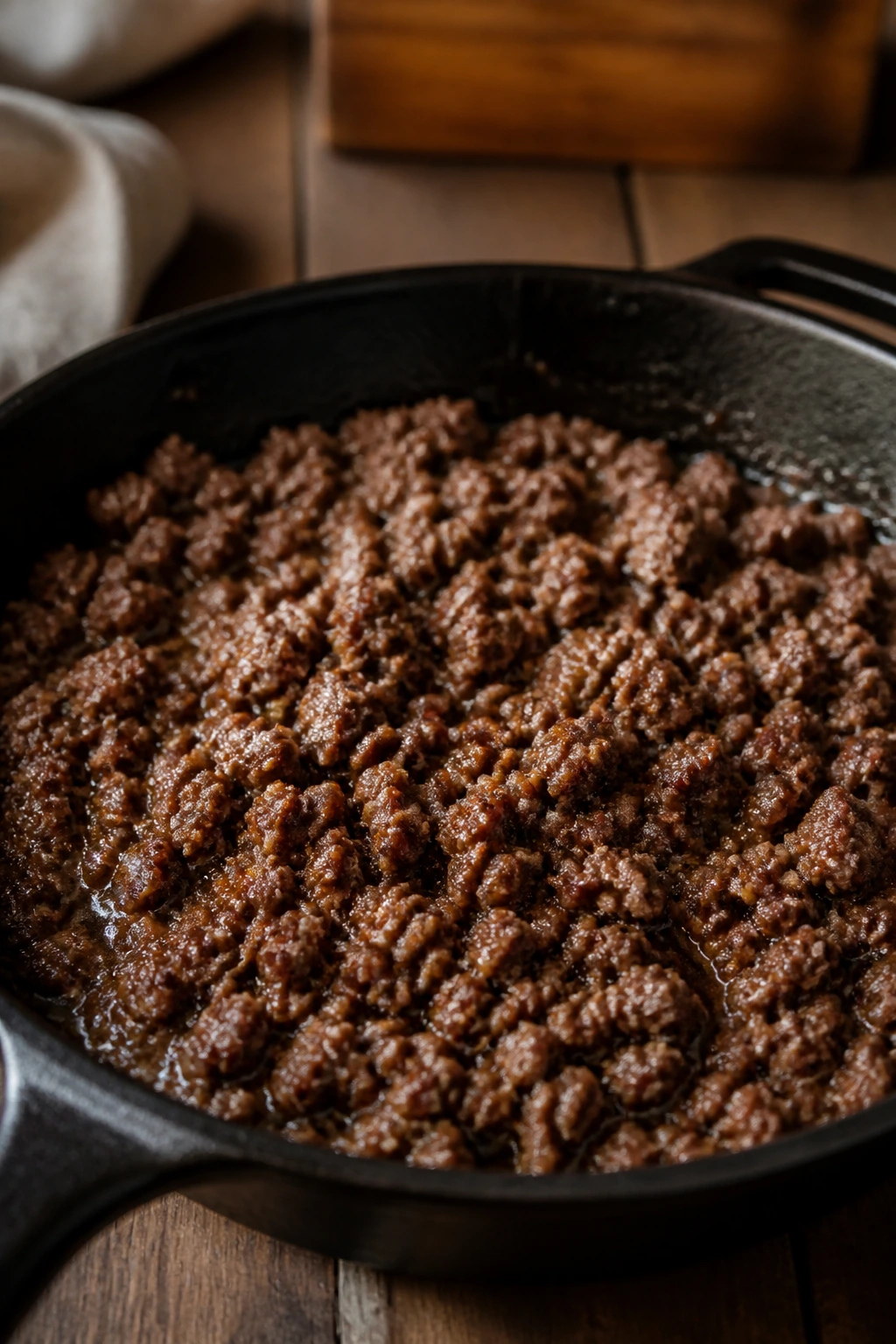 Close-up of browned ground beef in a cast-iron skillet on a warm kitchen counter
