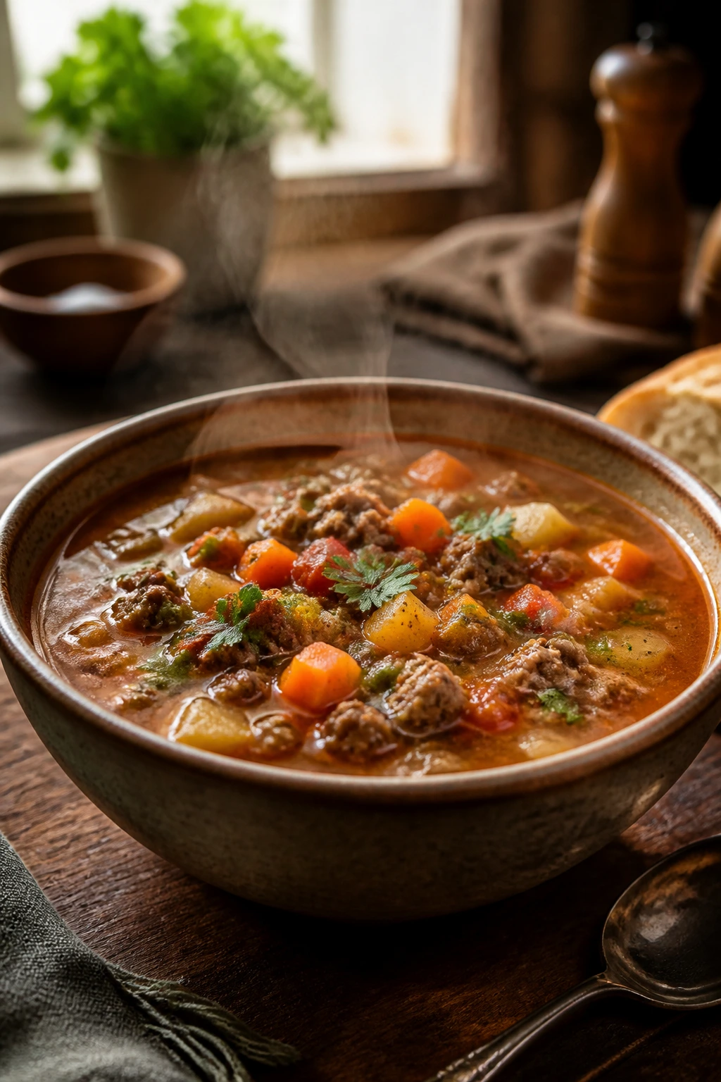 Steaming ground beef soup in a rustic bowl on a wooden table