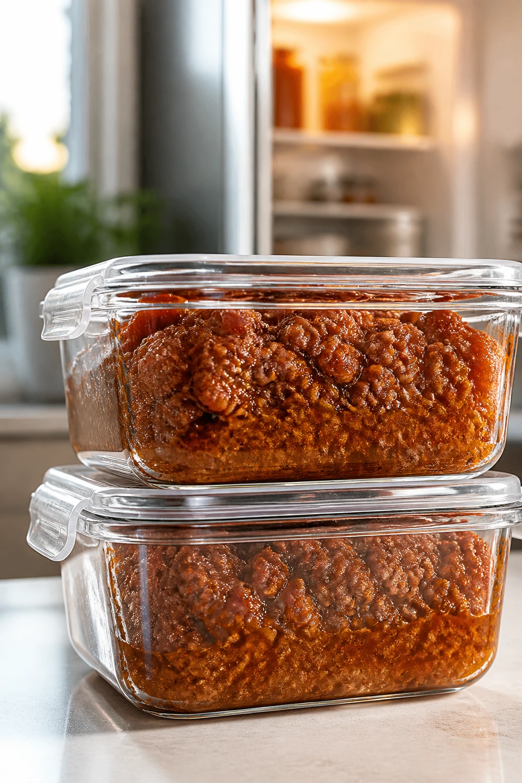 Glass containers with saucy ground beef for storage and reheating