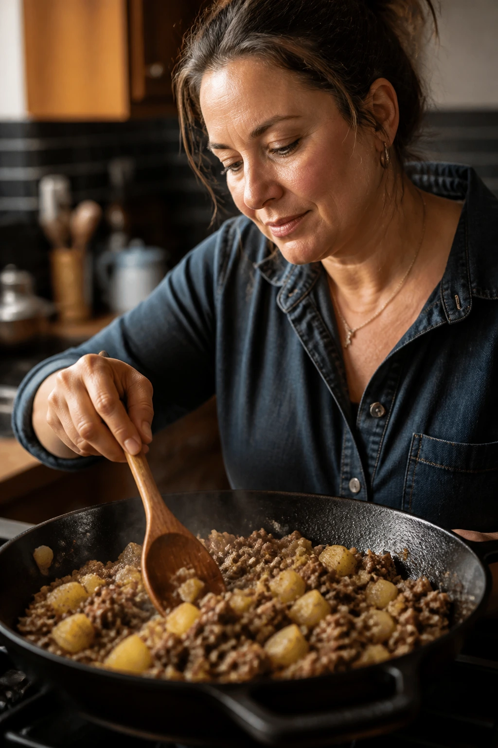 Real person cooking at stove with skillet, kitchen background.
