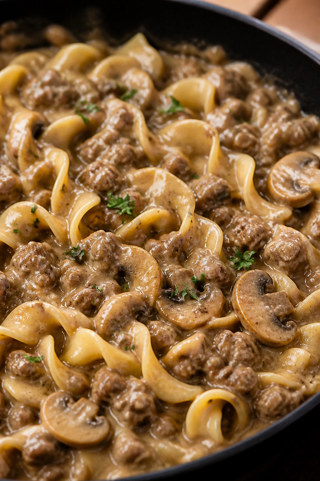 Beef Stroganoff with mushrooms and noodles in a creamy sauce