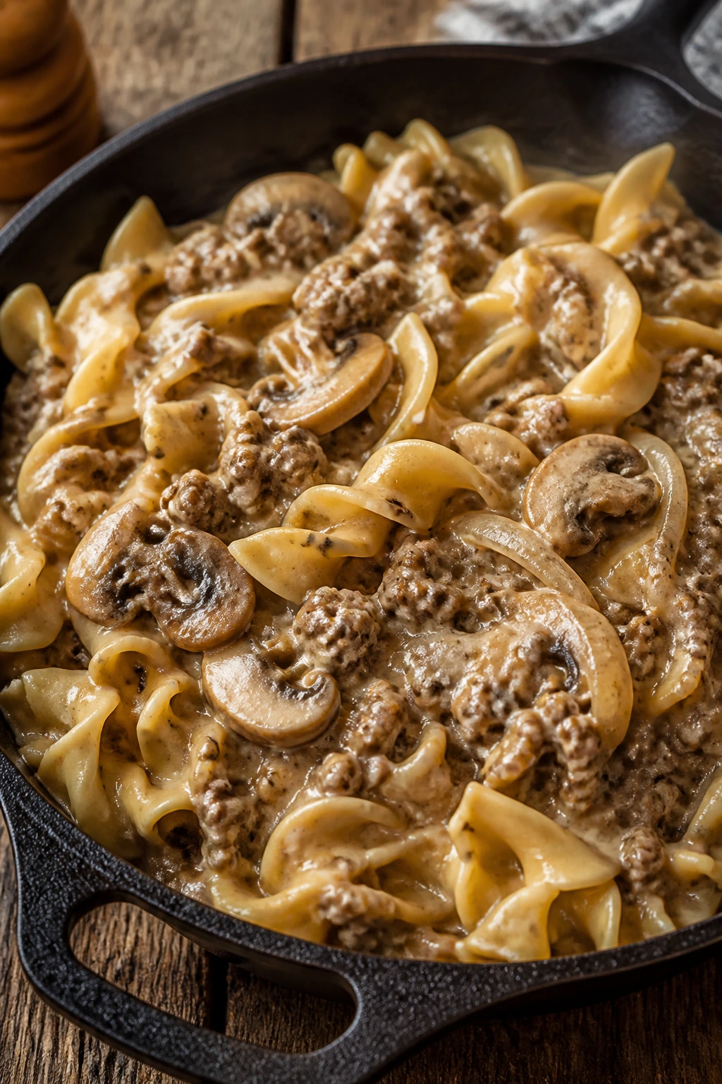 Close-up of creamy ground beef stroganoff with mushrooms and egg noodles in a cast-iron skillet.